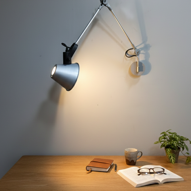 Movable wall lamp with adjustable arm and focused light, designed for flexible wall mounting.