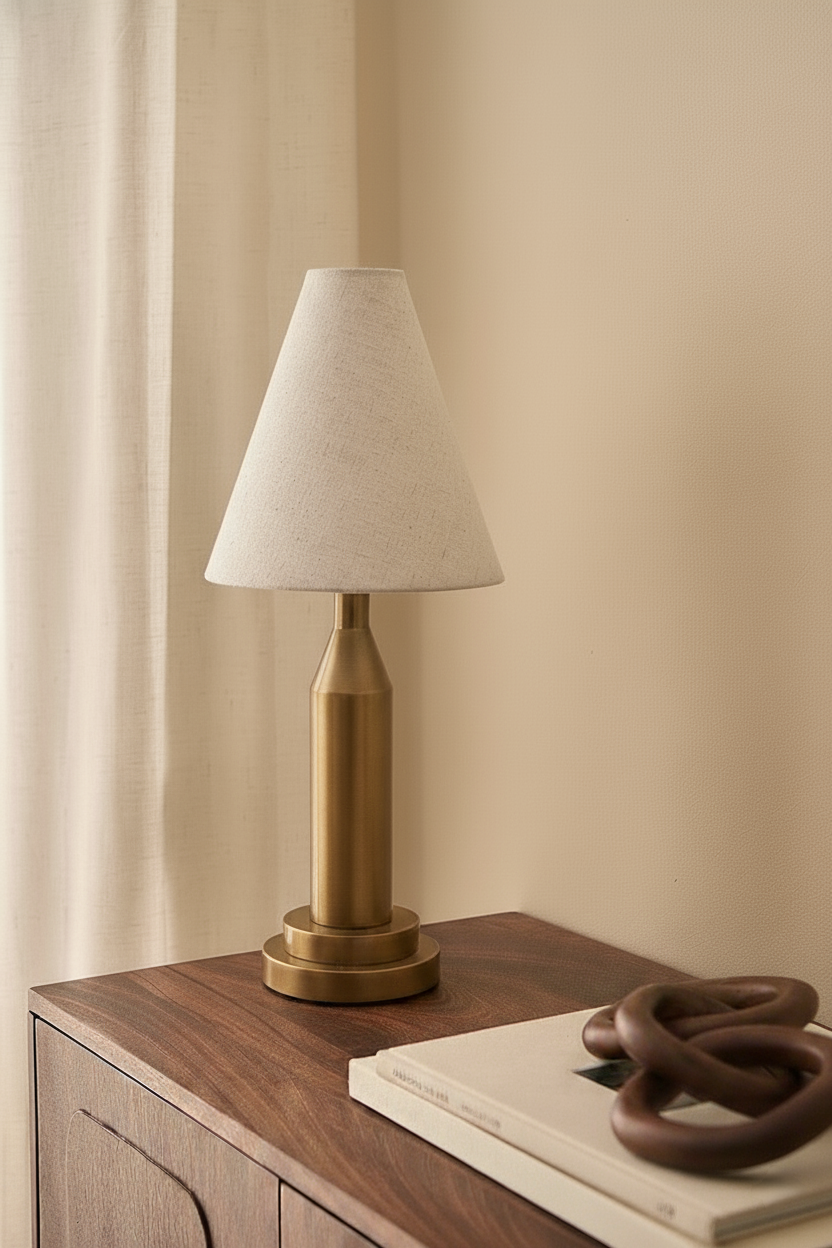Marquee Table Lamp - Dia 10” x H 25” / Brass plated Mild Steel, Fabric Shade - Table Lamps