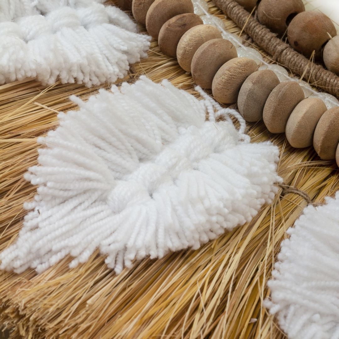 Meadow Embellished Moonjh Grass Mirror - Natural / Moonjh grass, jute, wooden beads, wool, mirror and plywood / D: 30’’