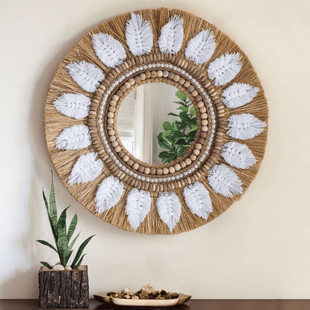 Meadow Embellished Moonjh Grass Mirror - Natural / Moonjh grass, jute, wooden beads, wool, mirror and plywood / D: 30’’