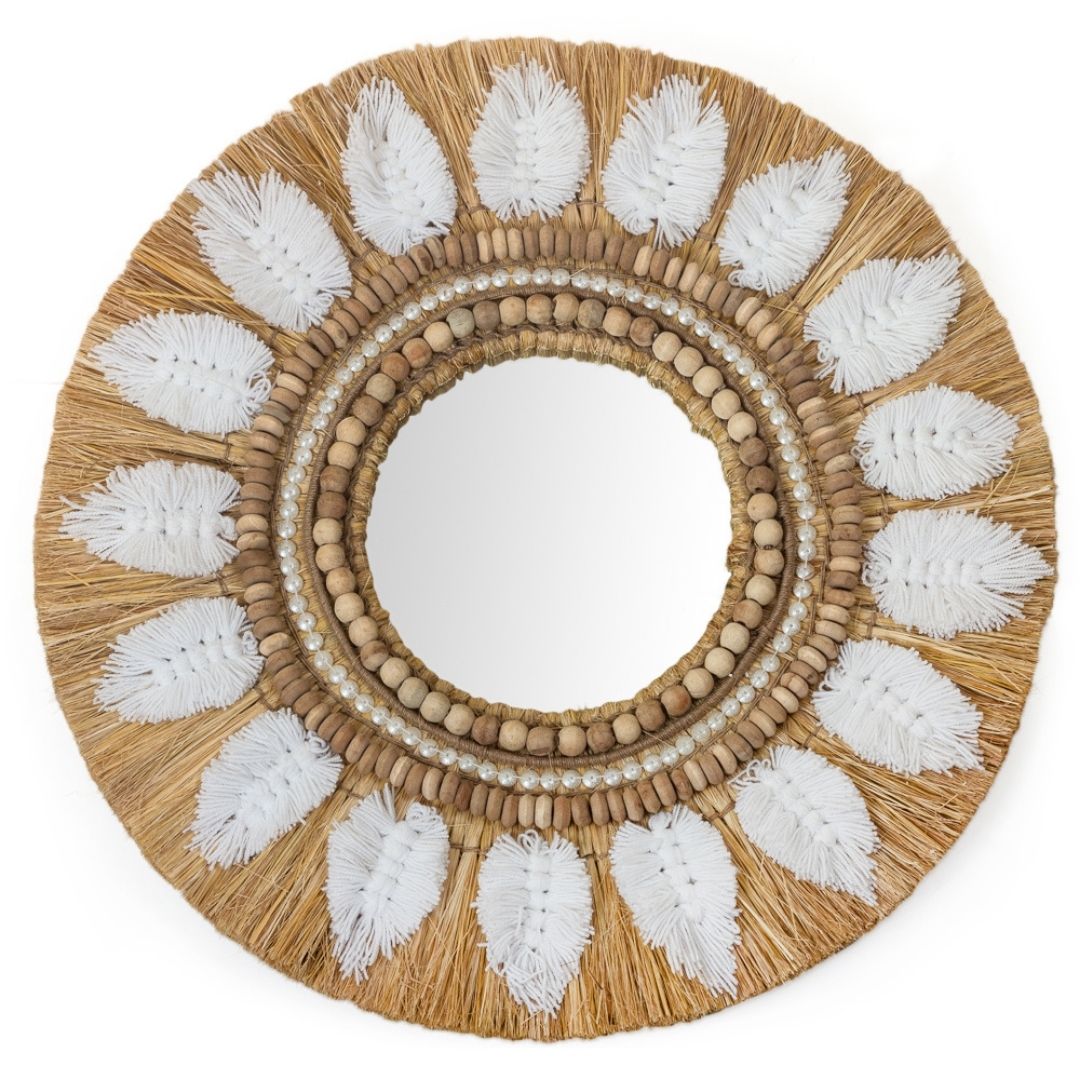 Meadow Embellished Moonjh Grass Mirror - Natural / Moonjh grass, jute, wooden beads, wool, mirror and plywood / D: 30’’