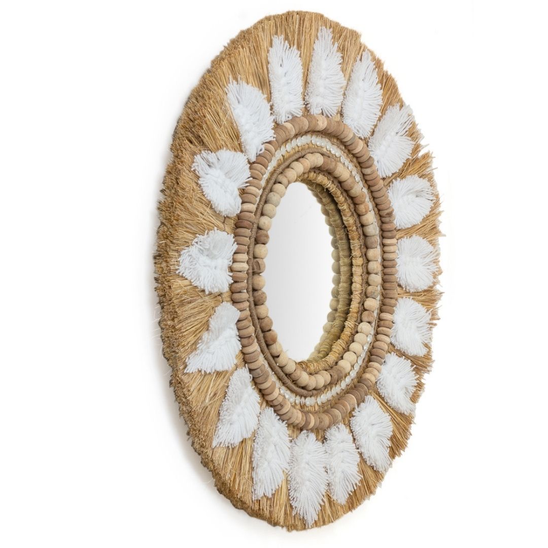 Meadow Embellished Moonjh Grass Mirror - Natural / Moonjh grass, jute, wooden beads, wool, mirror and plywood / D: 30’’