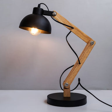 Mid-Century Essential Desk Lamp In Black Metal And Wood