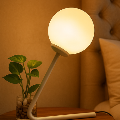 Table lamp with a round bulb on a wooden side table next to a plant, against a warm-toned wall.