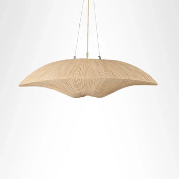 A modern, light beige pendant lamp with a woven, organic design resembling a leaf or petal.