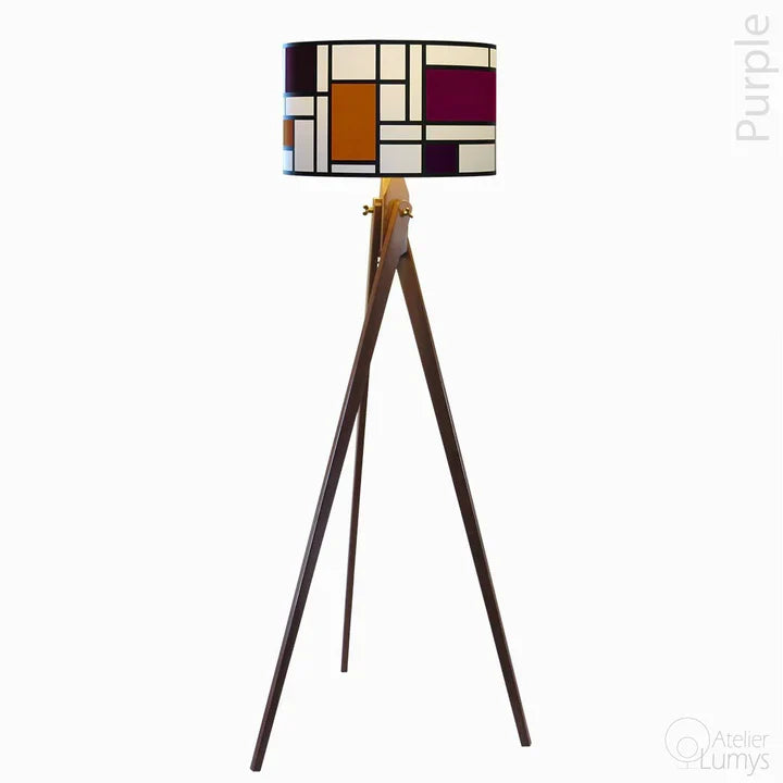 Mondrian Peacock Floor Lamp - Dia: 20’’ H: 67’’ / Wood: Natural and Shade: Blue and Green / Wood and Poplin - Lighting