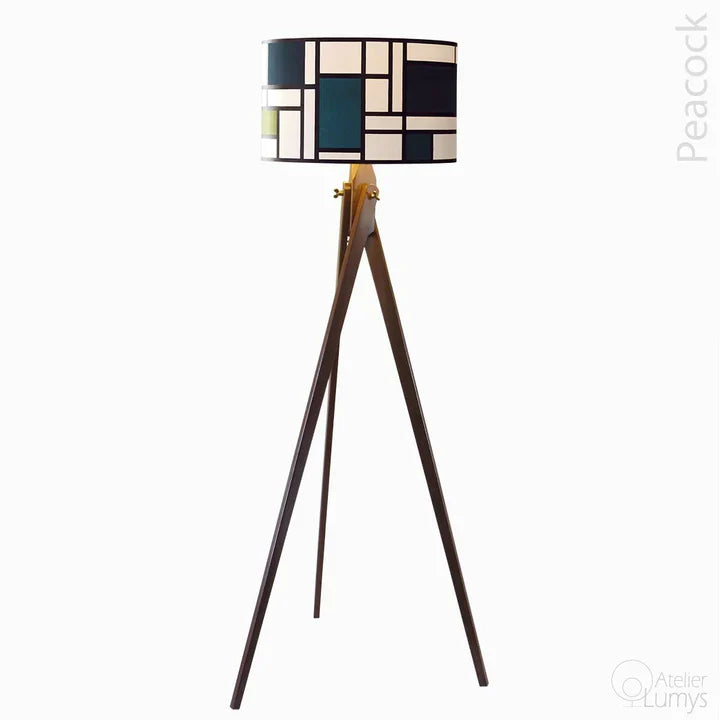 Mondrian Peacock Floor Lamp - Dia: 20’’ H: 67’’ / Wood: Natural and Shade: Blue and Green / Wood and Poplin - Lighting