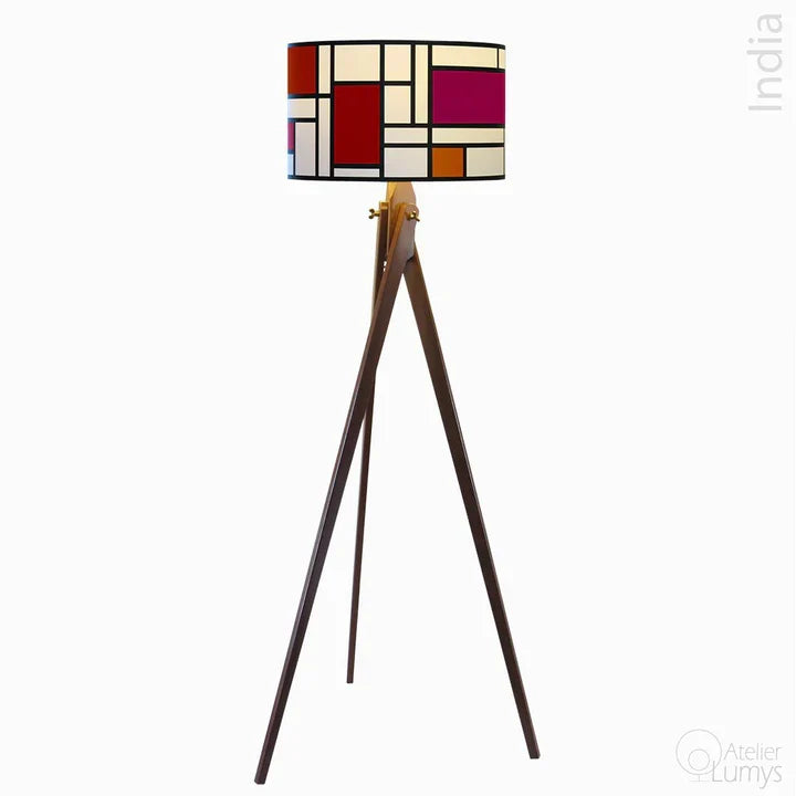 Mondrian Peacock Floor Lamp - Dia: 20’’ H: 67’’ / Wood: Natural and Shade: Blue and Green / Wood and Poplin - Lighting