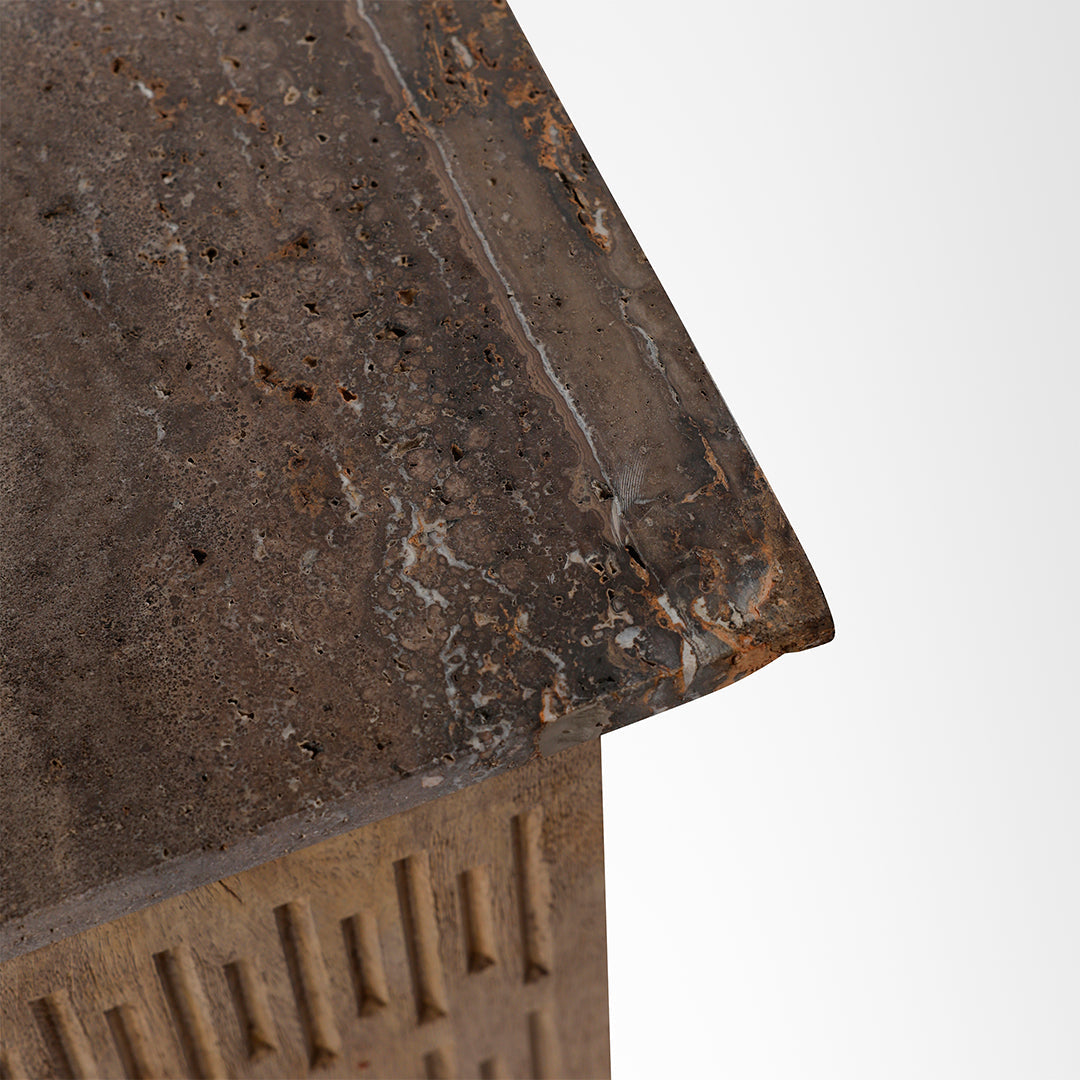 Monolith Side Table - L:12.5 x W:12.5 x H:22 In inches / Mango wood base and Brown tavertine - Indoor Furniture