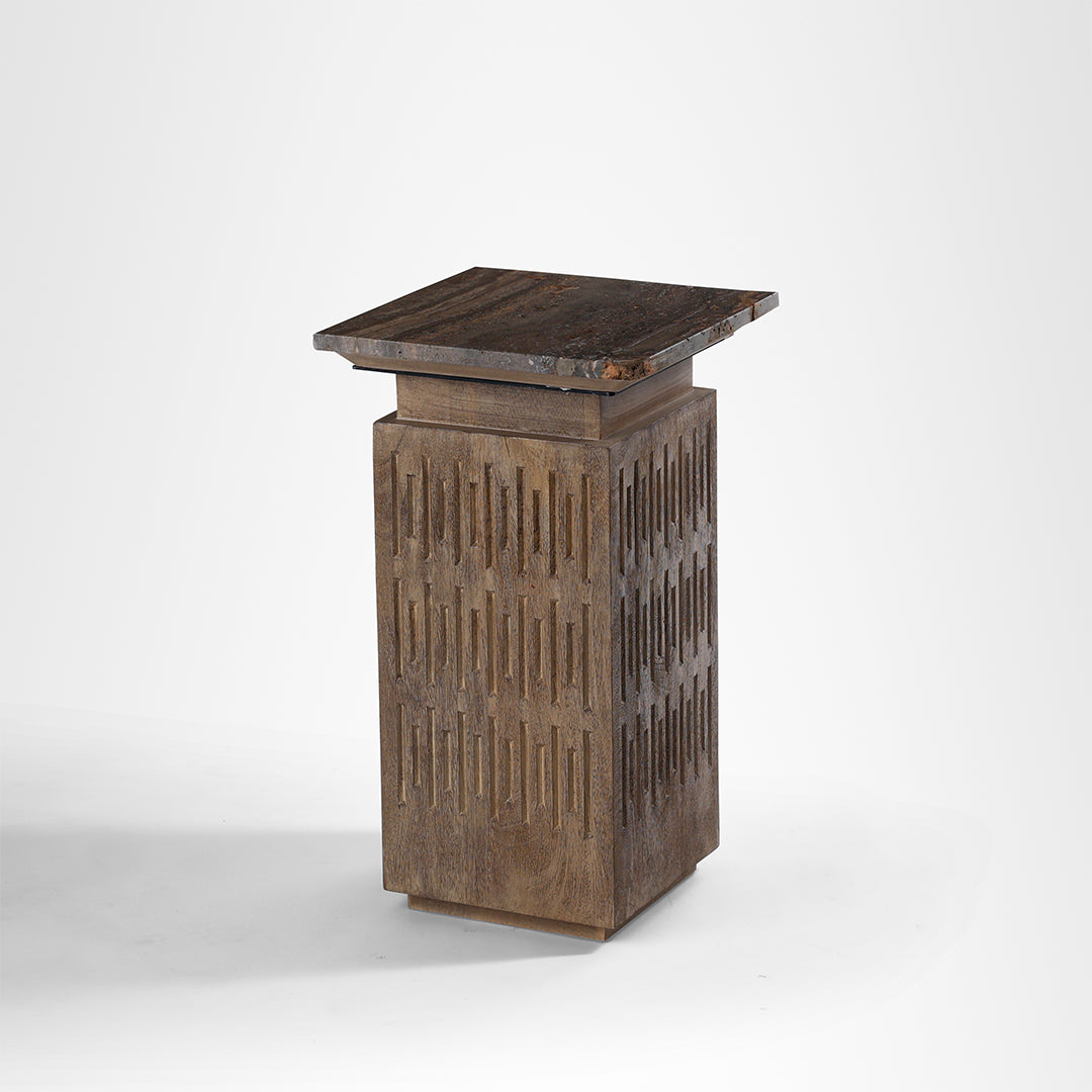 Monolith Side Table - L:12.5 x W:12.5 x H:22 In inches / Mango wood base and Brown tavertine - Indoor Furniture