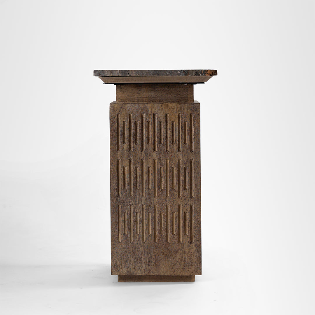 Monolith Side Table - L:12.5 x W:12.5 x H:22 In inches / Mango wood base and Brown tavertine - Indoor Furniture