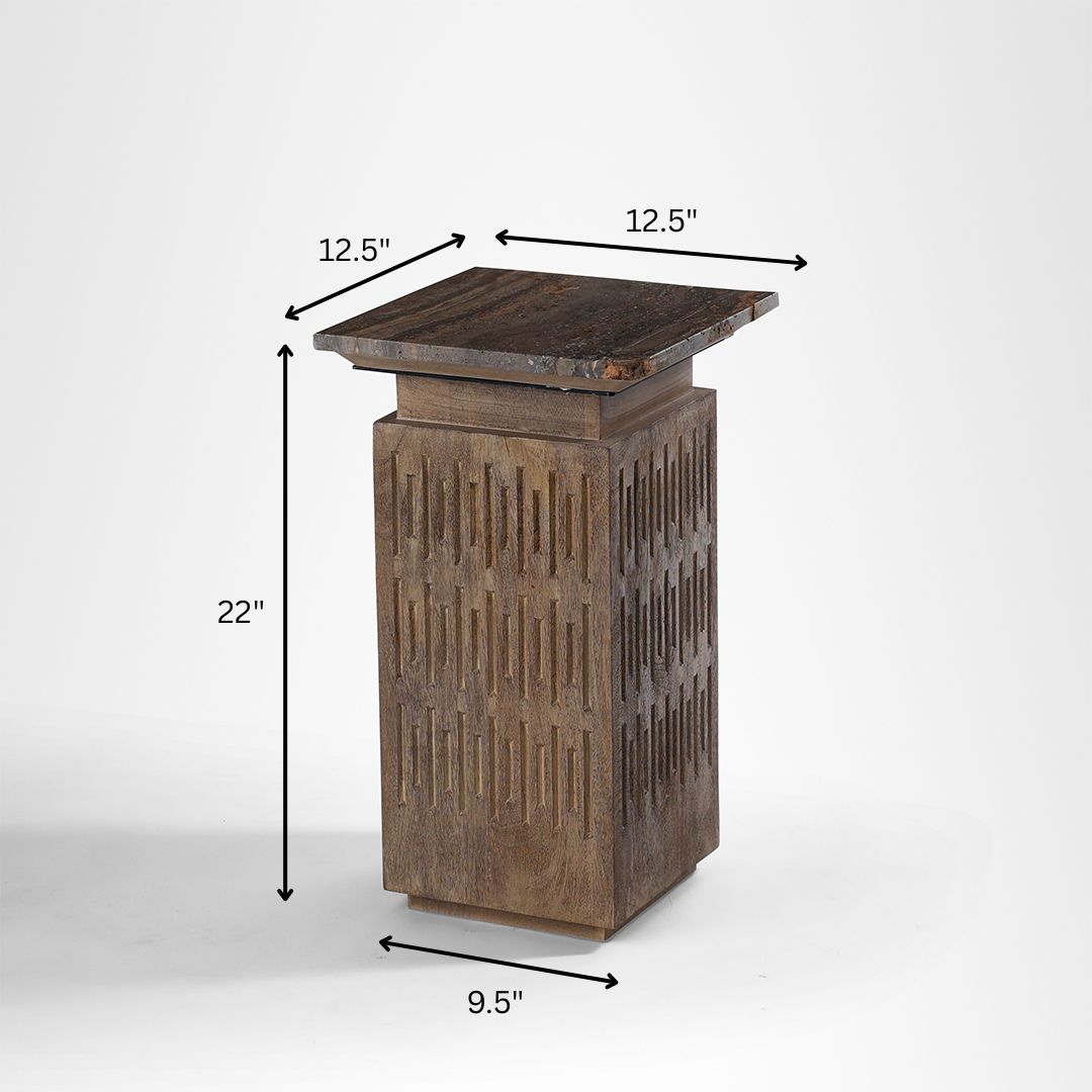 Monolith Side Table - L:12.5 x W:12.5 x H:22 In inches / Mango wood base and Brown tavertine - Indoor Furniture