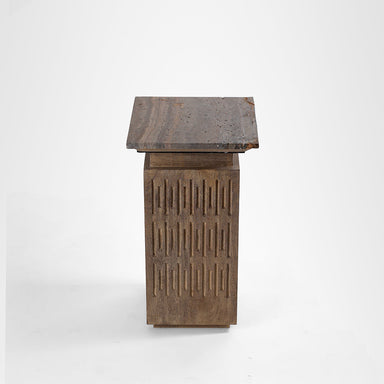 Monolith Side Table - L:12.5 x W:12.5 x H:22 In inches / Mango wood base and Brown tavertine - Indoor Furniture