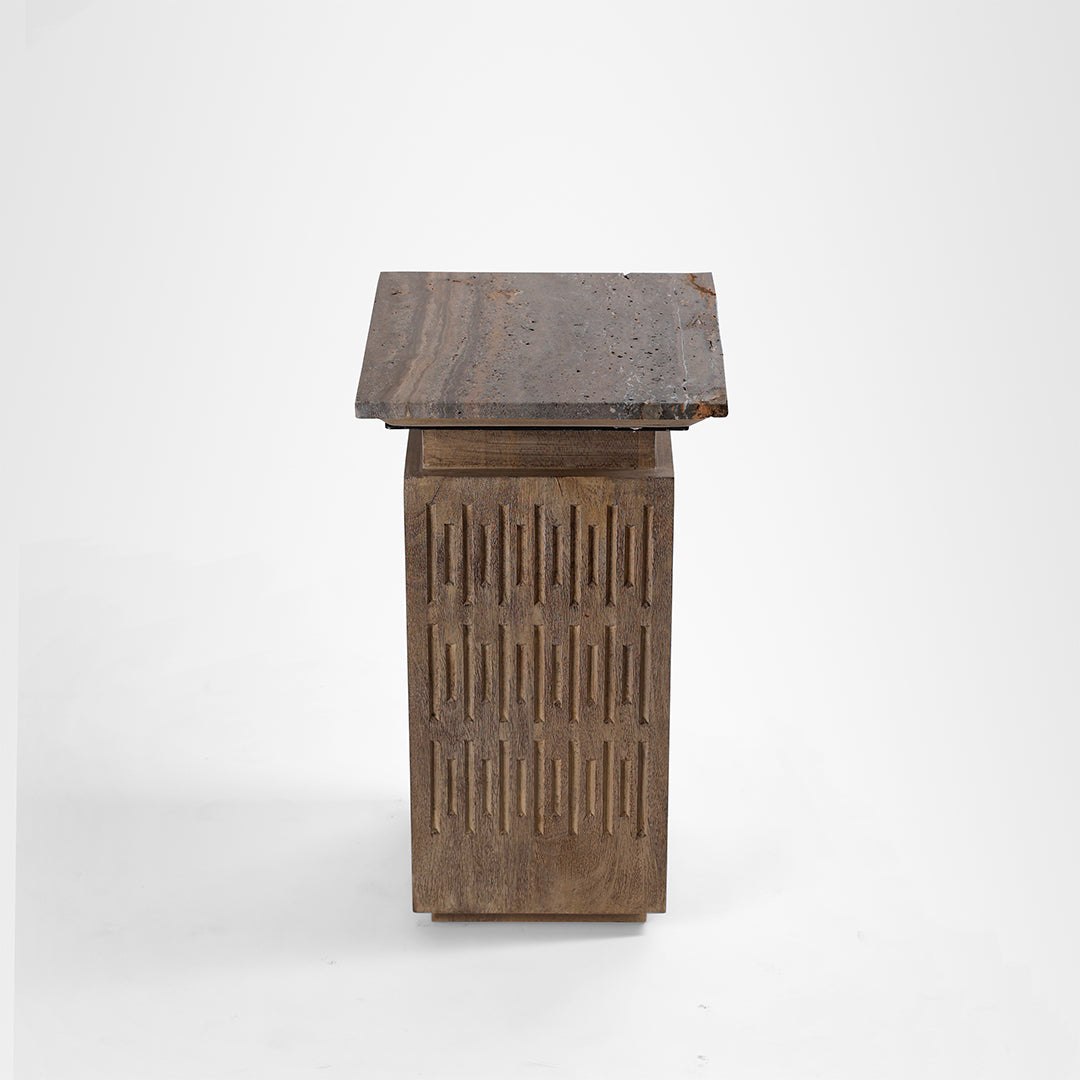 Monolith Side Table - L:12.5 x W:12.5 x H:22 In inches / Mango wood base and Brown tavertine - Indoor Furniture
