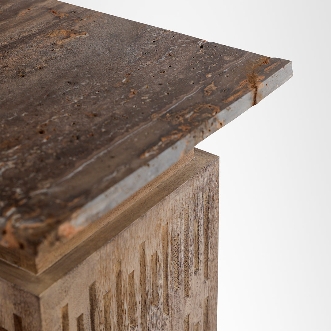 Monolith Side Table - L:12.5 x W:12.5 x H:22 In inches / Mango wood base and Brown tavertine - Indoor Furniture
