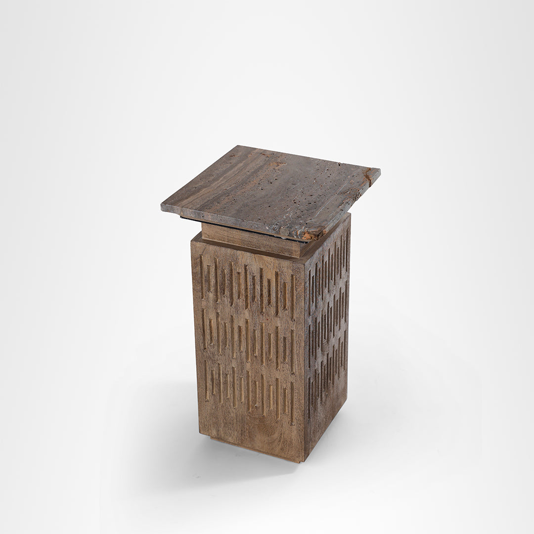 Monolith Side Table - L:12.5 x W:12.5 x H:22 In inches / Mango wood base and Brown tavertine - Indoor Furniture