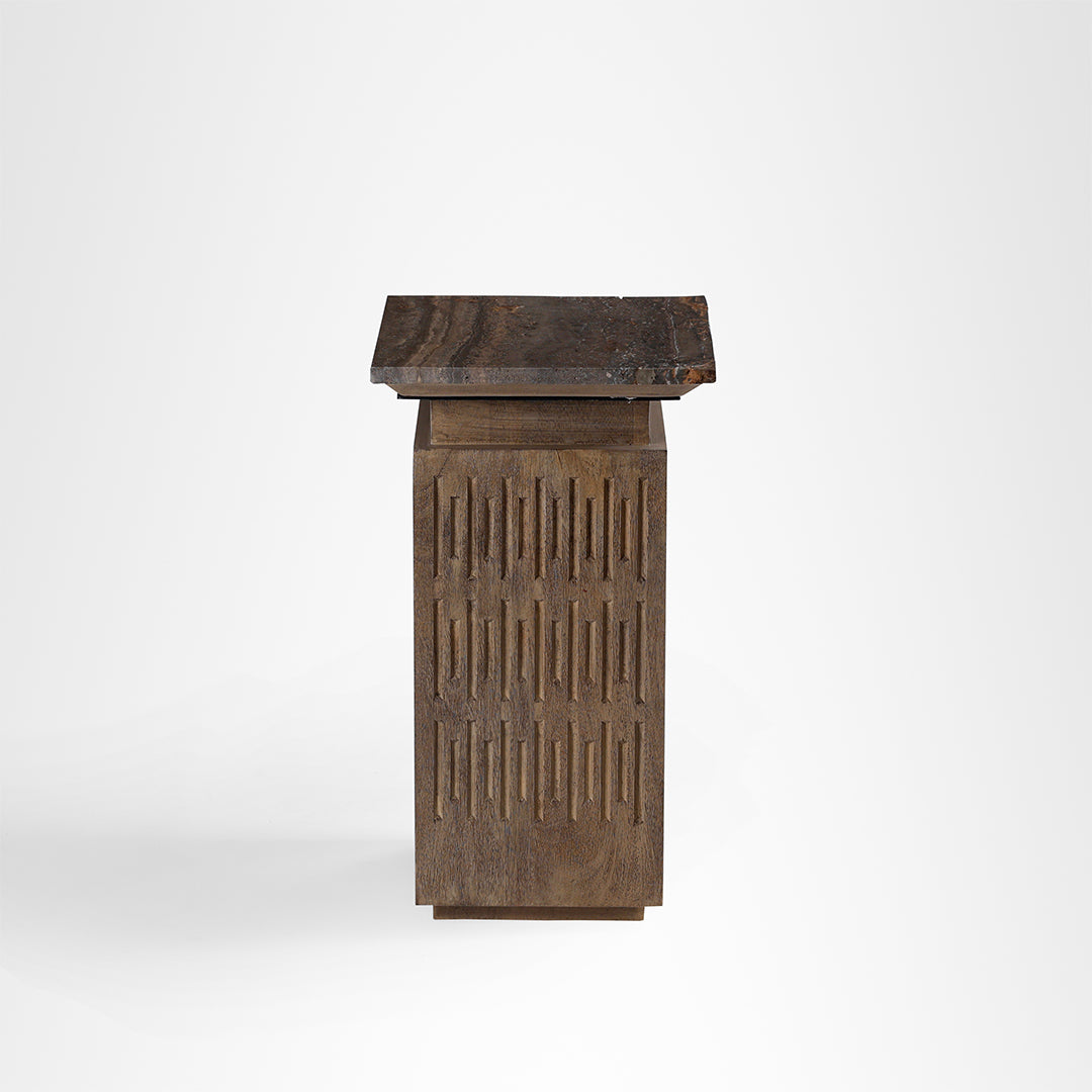 Monolith Side Table - L:12.5 x W:12.5 x H:22 In inches / Mango wood base and Brown tavertine - Indoor Furniture
