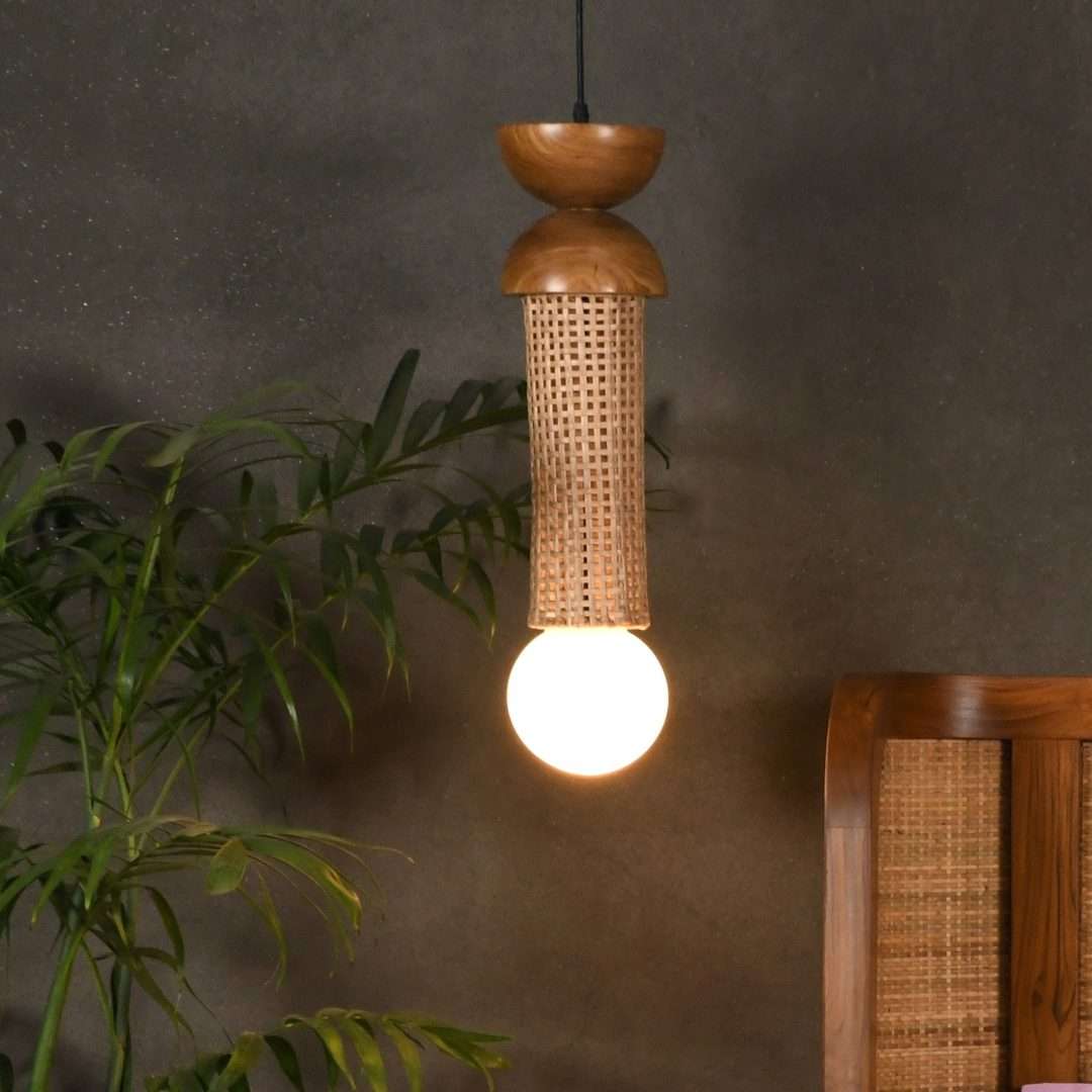 Mopong Teak Cane Pendant Lamp - Natural / Teakwood, iron and cane / D: 6’’ H (Globe): 24’’ - Lighting