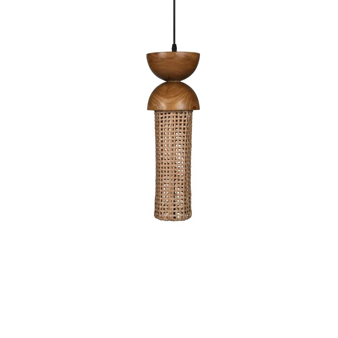 Mopong Teak Cane Pendant Lamp - Natural / Teakwood, iron and cane / D: 6’’ H (Globe): 24’’ - Lighting