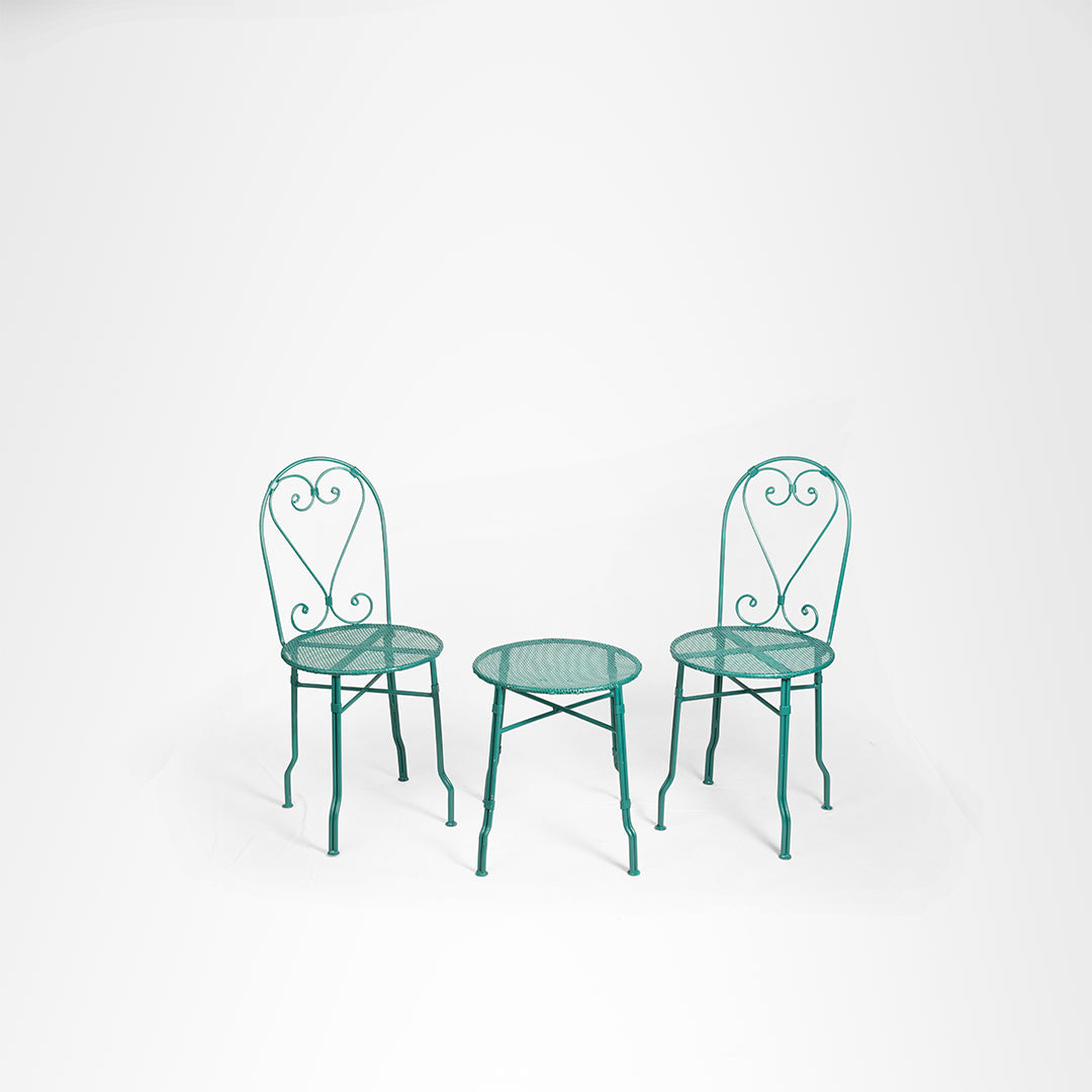Moroccan Chairs And Side Table Set - Chair- W: 16’’ D: 16’’ SH: 18’’ TH: 36’’ Side Table- Dia: 16’’ H: 18’’ / Green