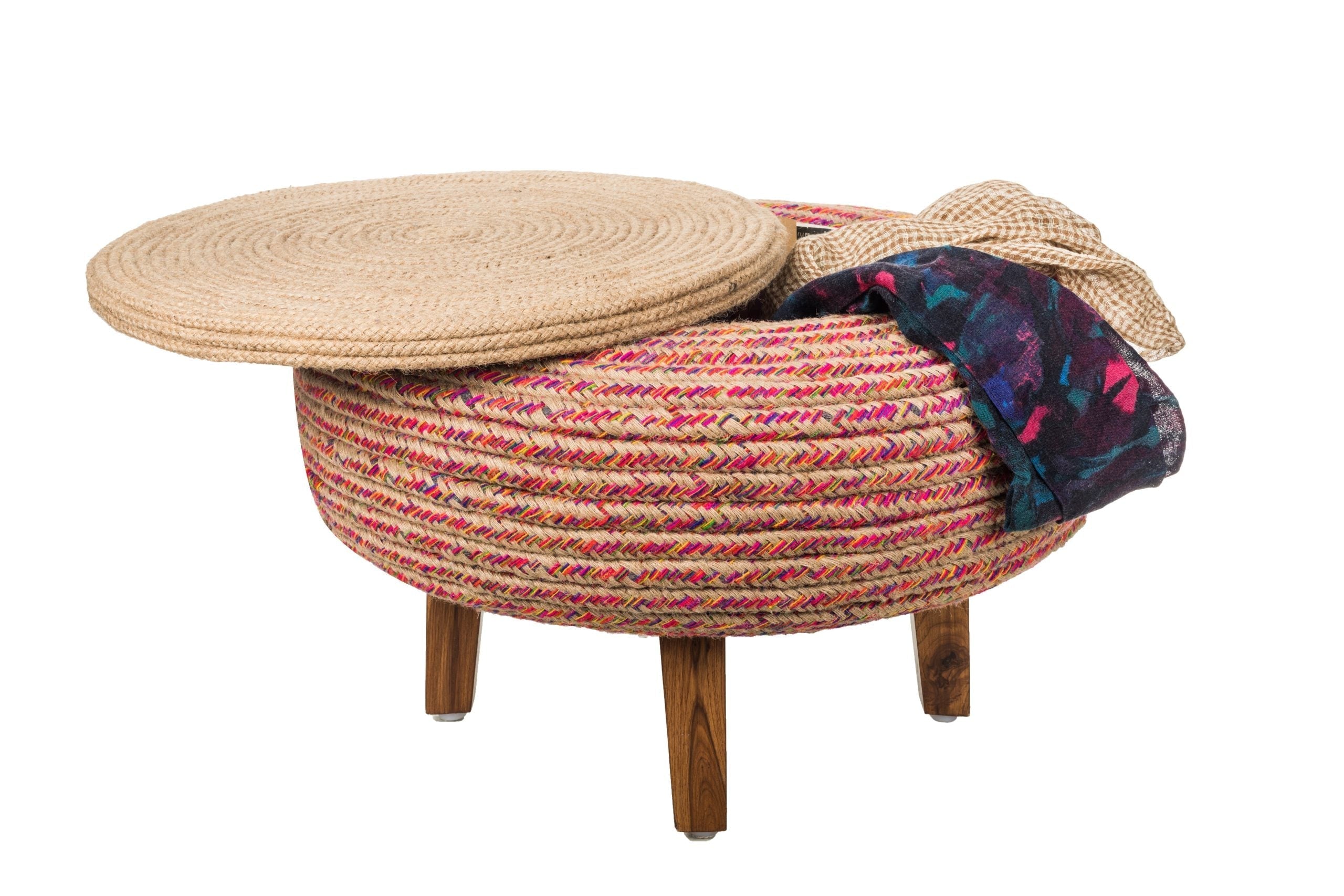 Mucho Ottoman - Multi / Old tyre, teak wood, rope, and fabric / Dia: 23’’ H: 17.5’’ - Furniture