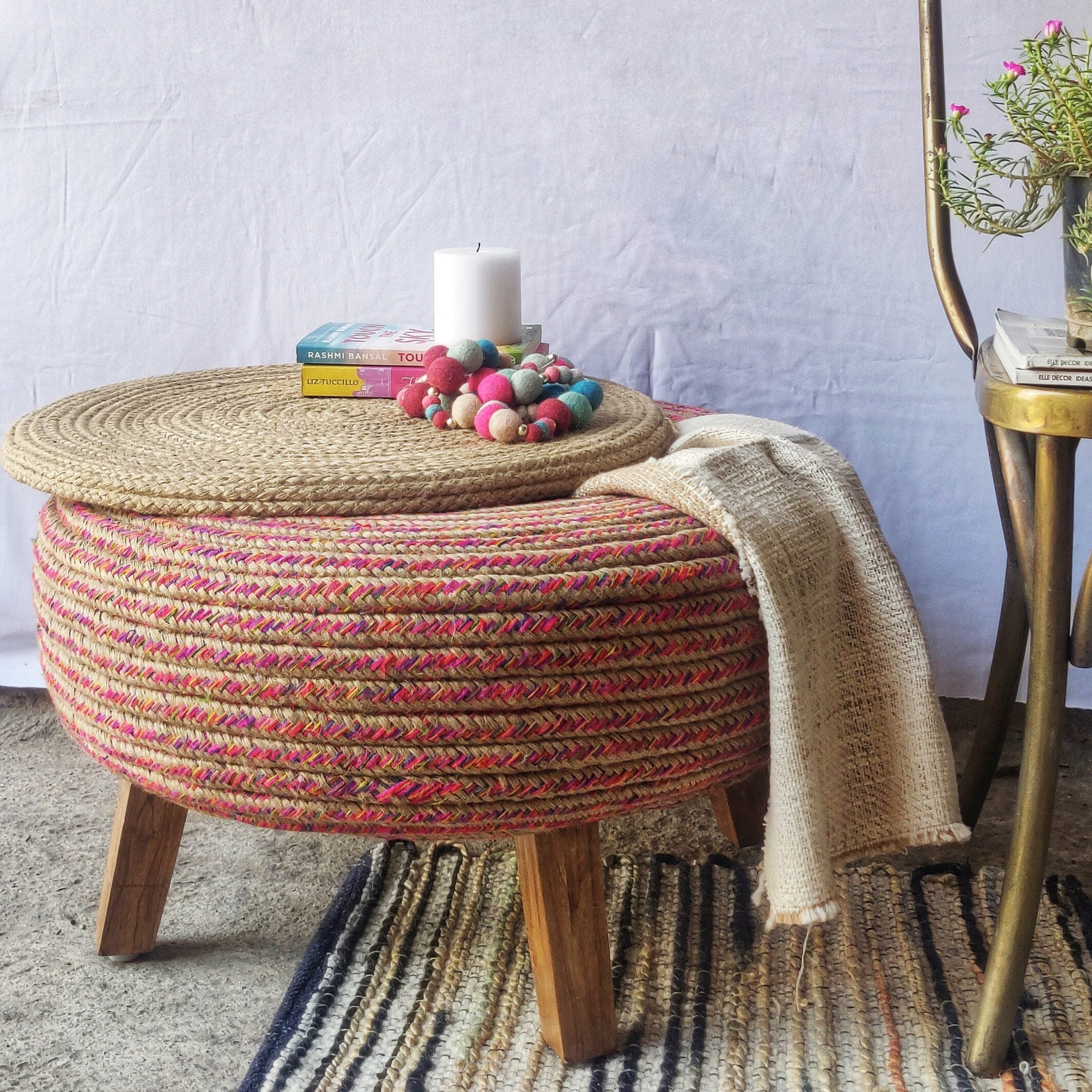 Mucho Ottoman - Multi / Old tyre, teak wood, rope, and fabric / Dia: 23’’ H: 17.5’’ - Furniture