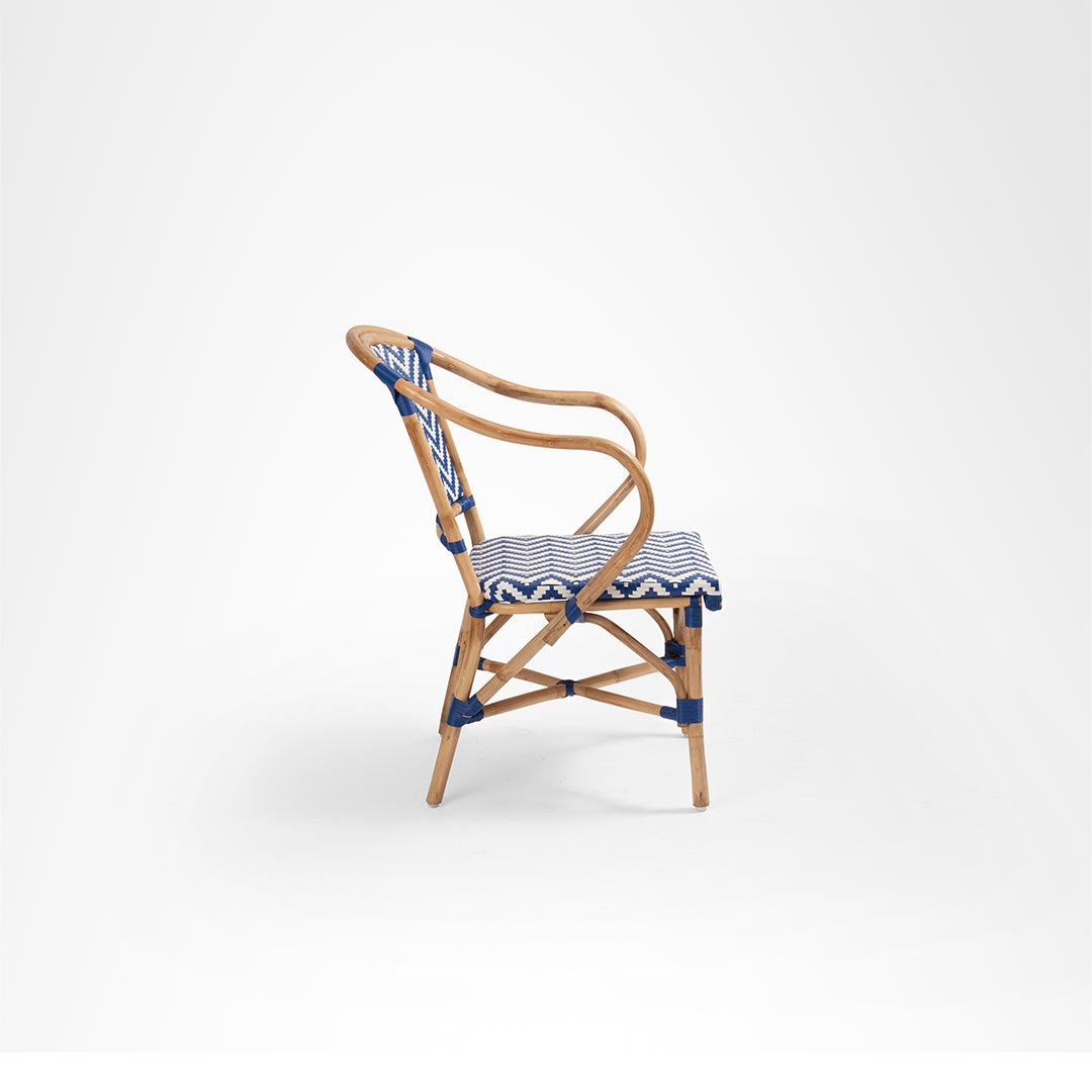 N Popsicle Cane Chair With Armrest - W: 24.5’’ D: 9’’ H: 36.5’’ SH: 18’’ / Dark Blue and White / Cane Frame and PVC
