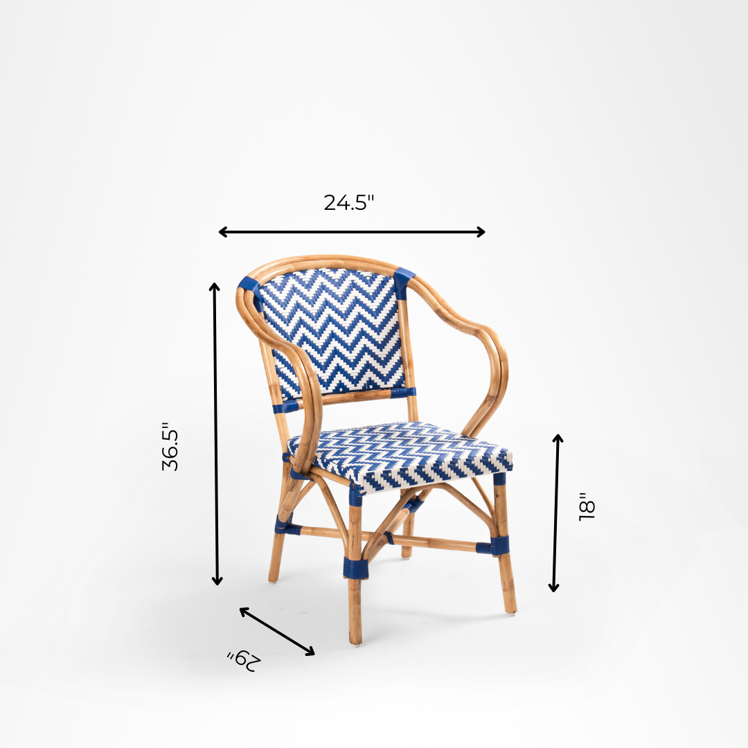 N Popsicle Cane Chair With Armrest - W: 24.5’’ D: 9’’ H: 36.5’’ SH: 18’’ / Dark Blue and White / Cane Frame and PVC