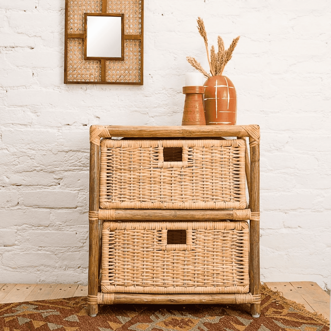Natural Bamboo Basket Side Table - Natural / Bamboo, cane / L: 22’’ W: 14.5’’ H: 22’’ - Furniture