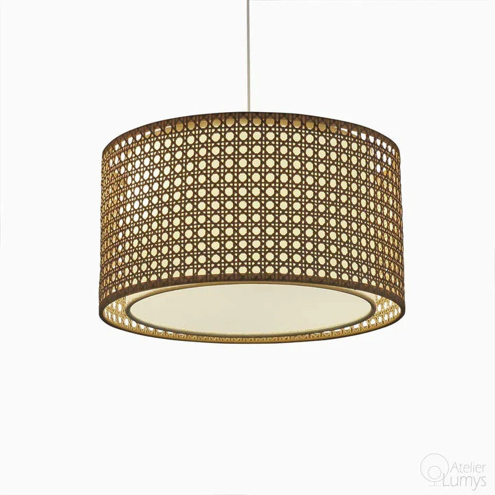 Natural Cane Diamond Doublette Hanging Lamp - Dia: 15’’ H: 8’’ / Natural Cane and White / Mild Steel and Poplin
