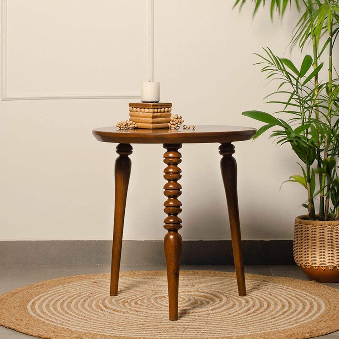 Nava Tripod Teak wood End Table - Teak / Teakwood / H: 22’’ Dia: 21’’ - Furniture