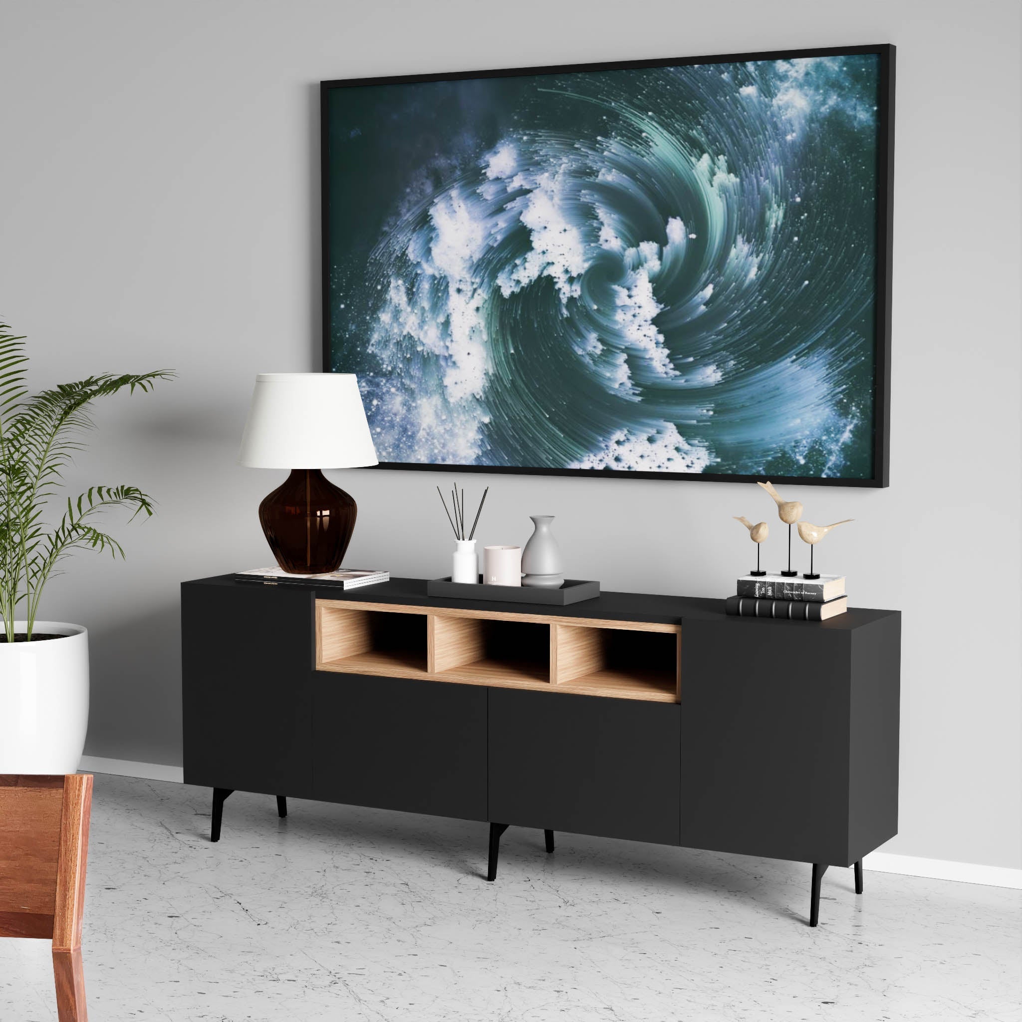 Niko Console - L:72’’ x B:14’’ x H:27’’ In Inches / Black Matt Pre-Laminated Plywood Carcass; Oak Laminate