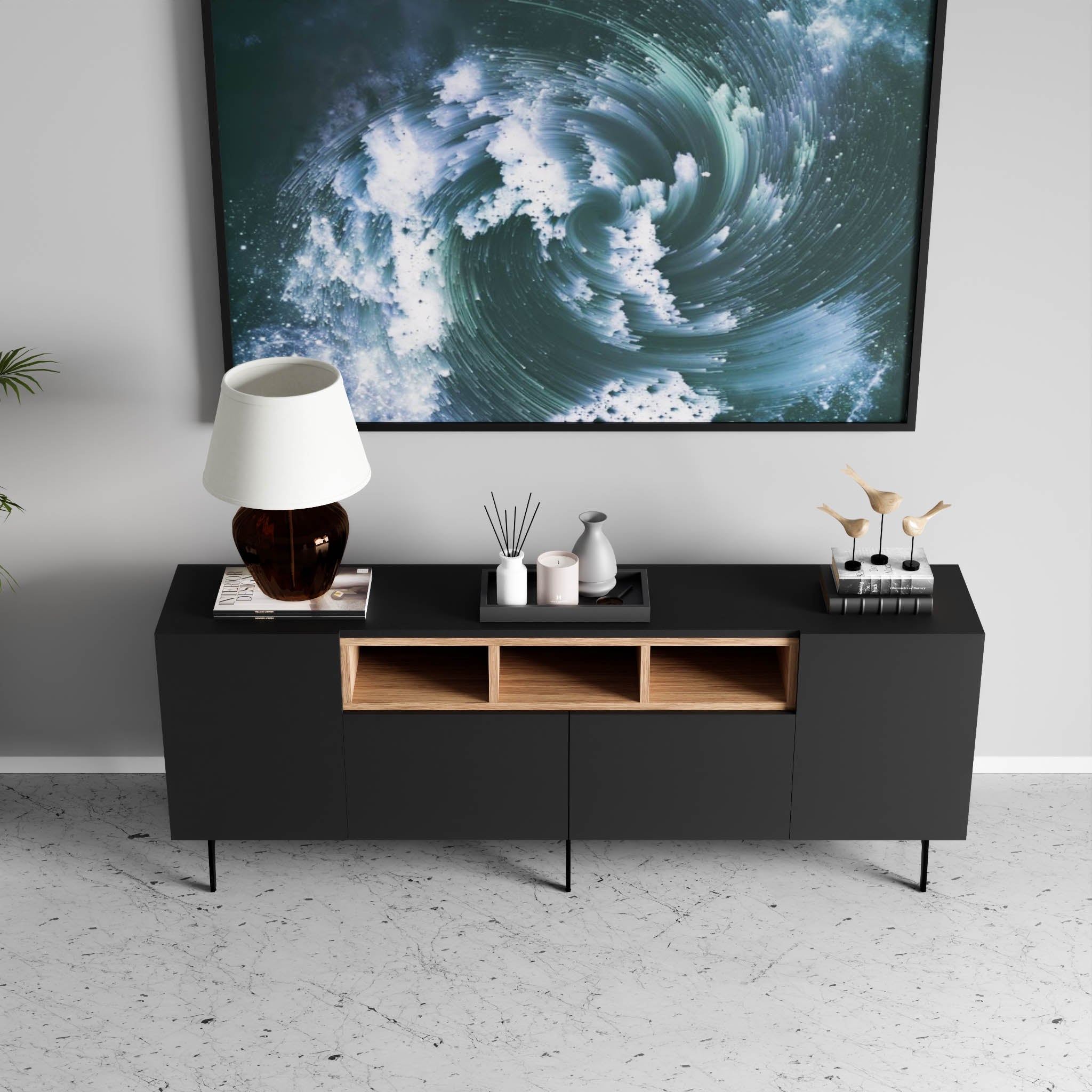 Niko Console - L:72’’ x B:14’’ x H:27’’ In Inches / Black Matt Pre-Laminated Plywood Carcass; Oak Laminate