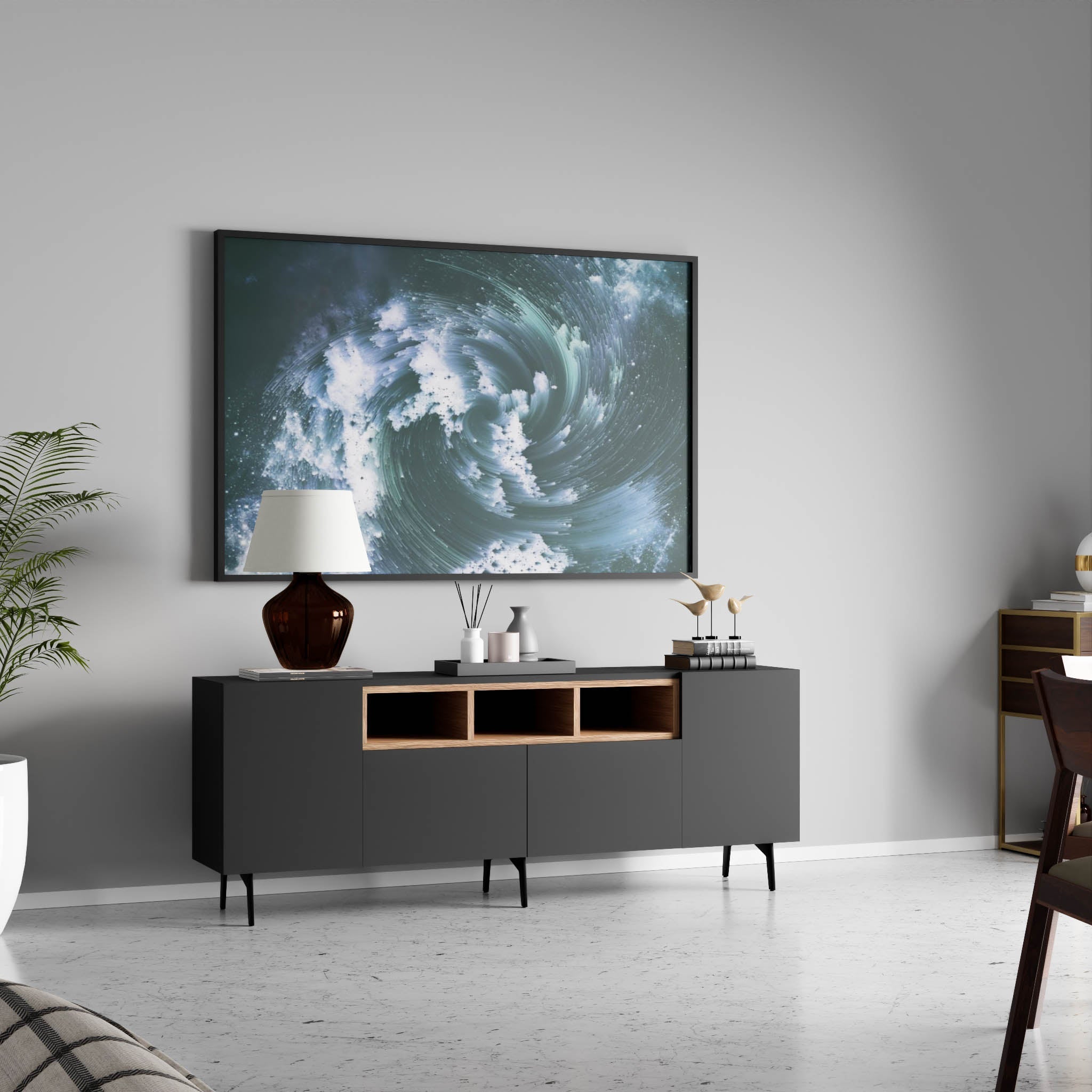 Niko Console - L:72’’ x B:14’’ x H:27’’ In Inches / Black Matt Pre-Laminated Plywood Carcass; Oak Laminate
