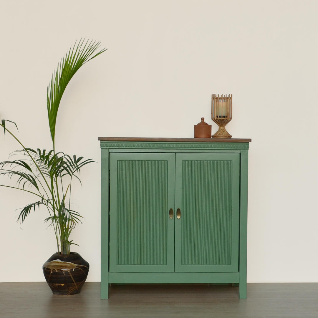 Nile Cabinet - Sage Green / Plywood and teakwood / L: 36’’ W: 15’’ H: 40’’; Shelf Height: 7.5’’ - Furniture