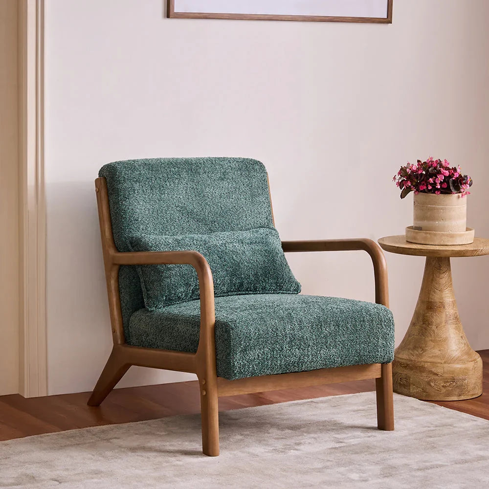 Nordic Lounge Chair - L: 66 x W: 83 x H: 76 In Cms / Boucle fabric + Rubber wood / Green - Indoor Furniture