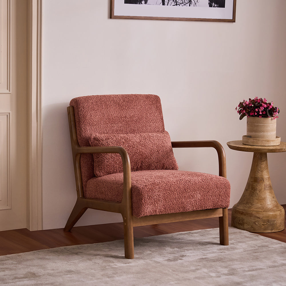 Nordic Lounge Chair - L: 66 x W: 83 x H: 76 In Cms / Boucle fabric + Rubber wood / Rose brown - Indoor Furniture