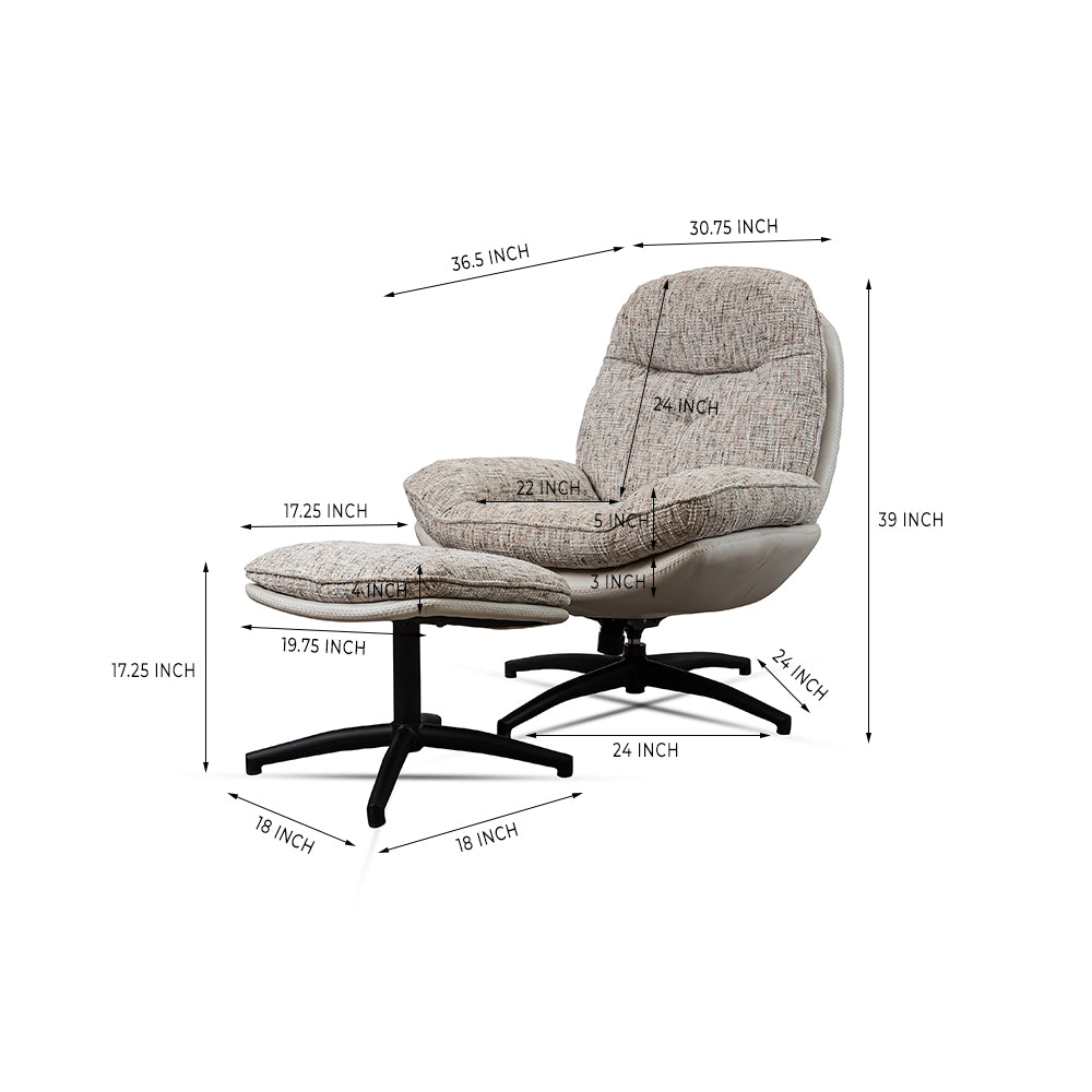Nordic Sand recliner with Ottoman - L:- 93 x W:-78 x H:-99 In Cms / Cotton fabric + Iron - Indoor Furniture
