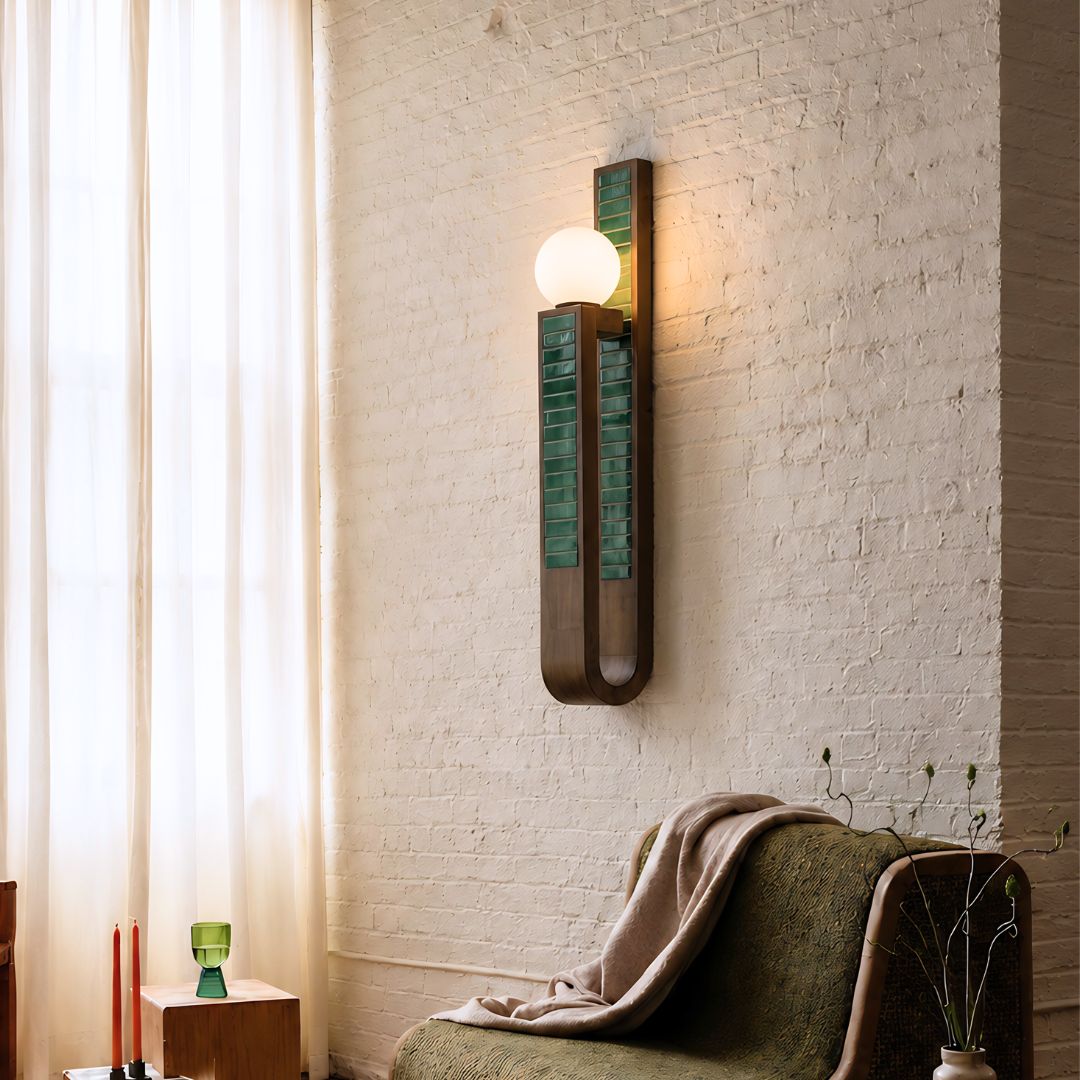Orbola Wall Lamp - Green / White ash wood; Handmade tiles / L: 4.25’’ W: 7’’ H: 36’’ - Lighting