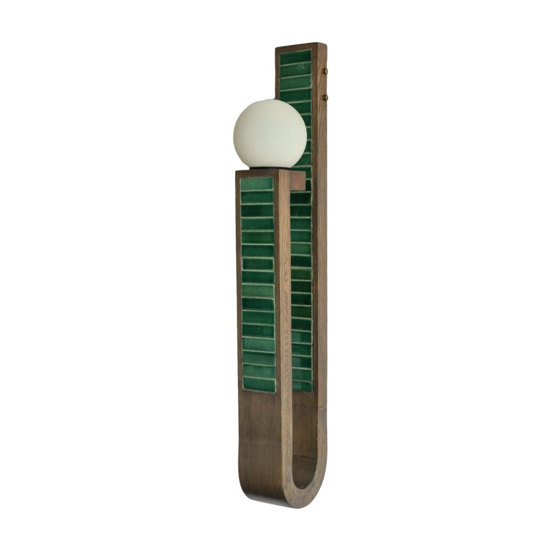 Orbola Wall Lamp - Green / White ash wood; Handmade tiles / L: 4.25’’ W: 7’’ H: 36’’ - Lighting