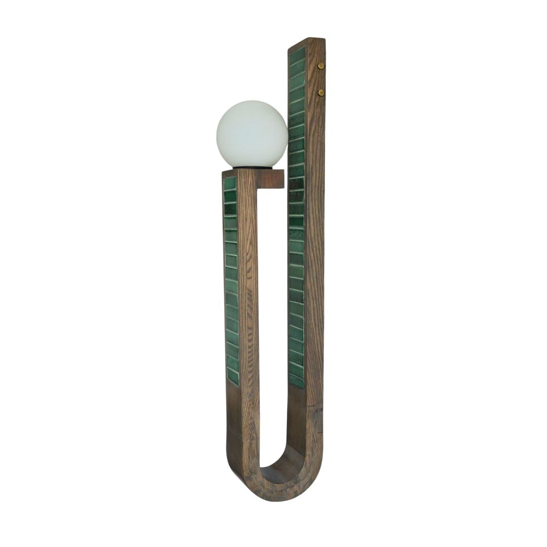 Orbola Wall Lamp - Green / White ash wood; Handmade tiles / L: 4.25’’ W: 7’’ H: 36’’ - Lighting