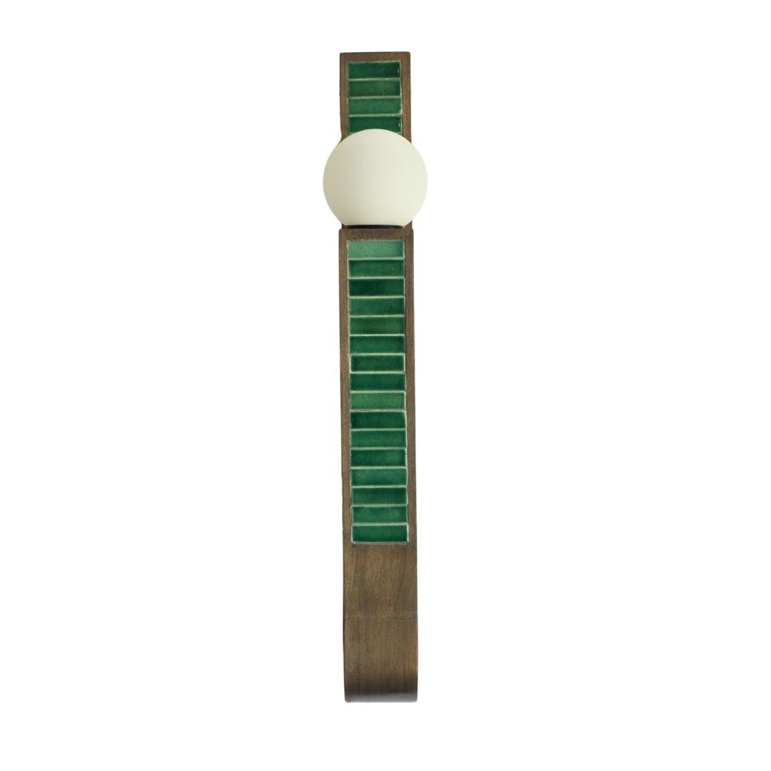 Orbola Wall Lamp - Green / White ash wood; Handmade tiles / L: 4.25’’ W: 7’’ H: 36’’ - Lighting
