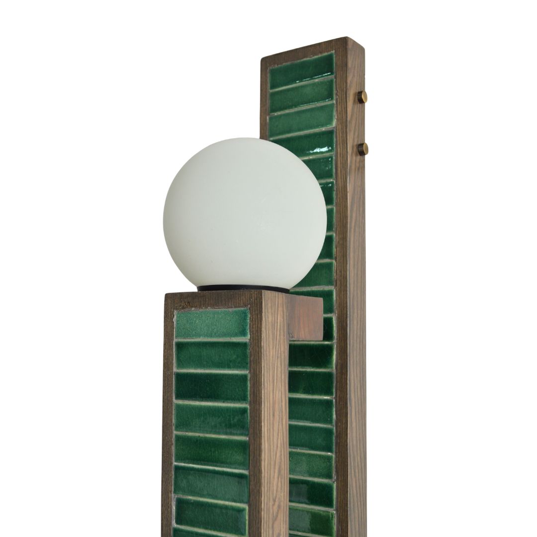 Orbola Wall Lamp - Green / White ash wood; Handmade tiles / L: 4.25’’ W: 7’’ H: 36’’ - Lighting