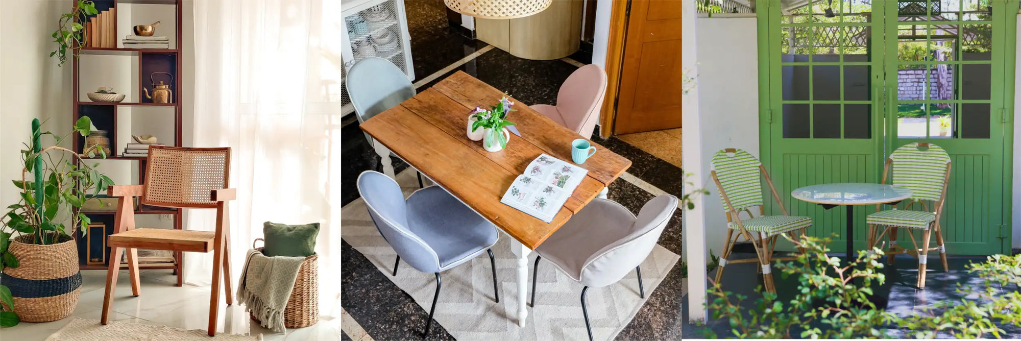 Woven rattan dining chairs with light wood frames and soft pastel upholstery