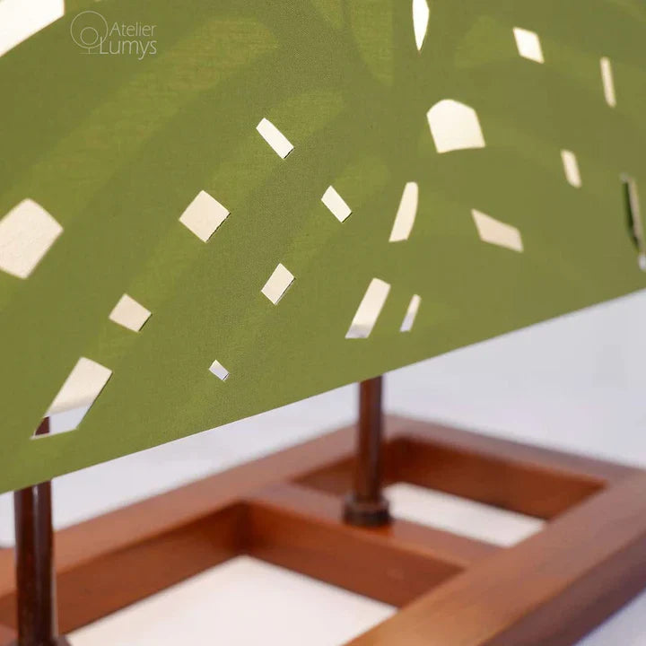 Palme London Table Lamp - L:21’’ W: 5’’ H: 20’’ / Natural Wood and White and Green Shade / Mild Steel and Poplin