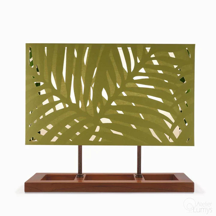 Palme London Table Lamp - L:21’’ W: 5’’ H: 20’’ / Natural Wood and White and Green Shade / Mild Steel and Poplin