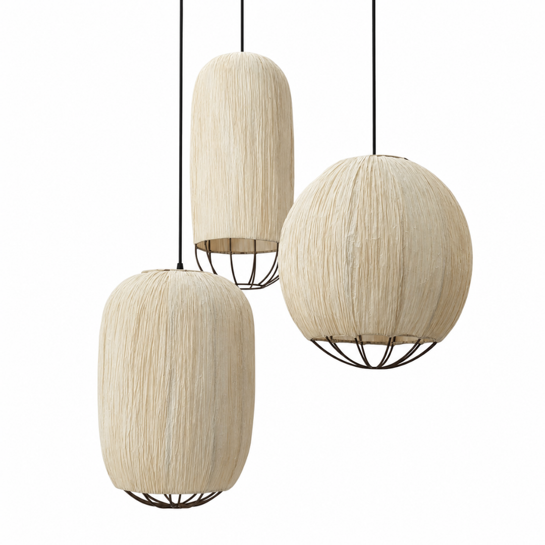 Papyrus Cluster of 3 Pendant Lamps - Banana Fiber paper / Cocoon: Dia: 9’’ H: 20’’ Bloom: Dia: 9’’ H: 15’’ Orb: Dia: