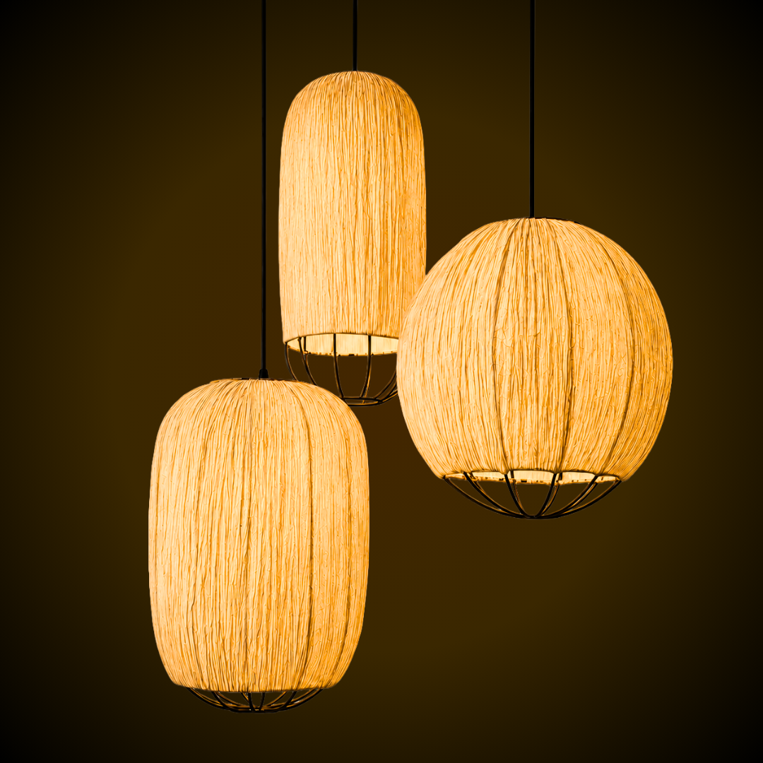 Papyrus Cluster of 3 Pendant Lamps - Banana Fiber paper / Cocoon: Dia: 9’’ H: 20’’ Bloom: Dia: 9’’ H: 15’’ Orb: Dia: