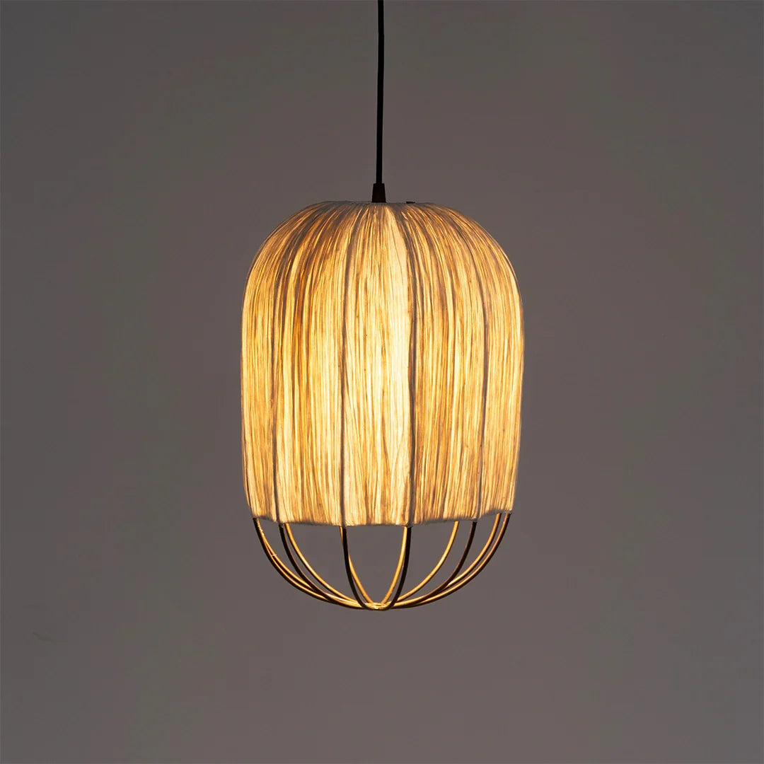 Papyrus Cluster of 3 Pendant Lamps - Banana Fiber paper / Cocoon: Dia: 9’’ H: 20’’ Bloom: Dia: 9’’ H: 15’’ Orb: Dia: