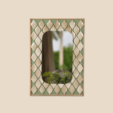 Paraffin Wall Mirror - Neutral / Teakwood, plywood, ceramic tile and mirror / L: 19’’ W: 1’’ H: 27’’ - Decor